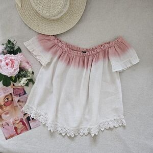 Boho Pink Ombre Off the Shoulder Lace Trim Top Size L Mono B